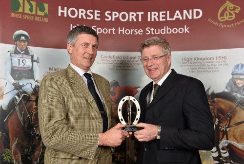 PJ Hegarty receives an award as the 'Breeder of the winner at Blenheim International Horse Trials 2013' award from Jim Beecher, Chairman of the Breeding Sub- Board HSI, during the HSI Annual Breeder Awards.  Picture credit: Barry Cregg / SPORTSFILE 
